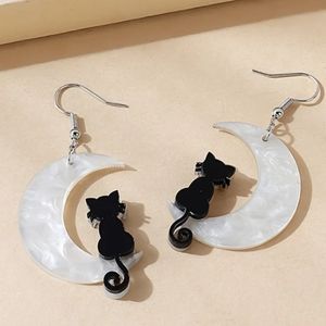 Crescent Moon Cat Dangle Earrings Celestial Moon Black Cat Earrings